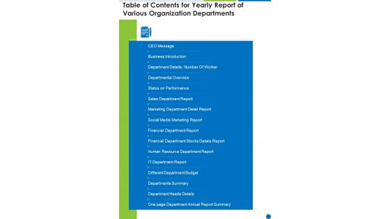 Table Of Contents For Yearly Report Of Various Organization Departments One Pager Documents Table Of Contents For Yearly Report Of Various Organization Departments One Pager Documents