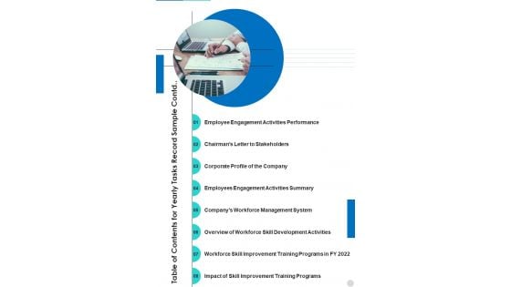 Table Of Contents For Yearly Tasks Record Sample Contd One Pager Documents