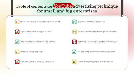 Table Of Contents For Youtube Advertising Technique For Small And Big Enterprises Information PDF