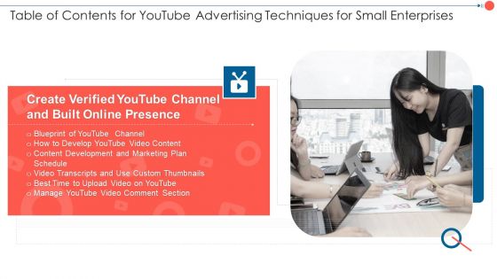 Table Of Contents For Youtube Advertising Techniques For Small Enterprises Slide6 Formats PDF