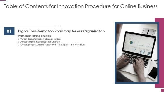 Table Of Contents Forinnovation Procedure For Online Business Slide Summary PDF