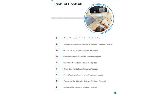 Table Of Contents Freelance Project Software Development Proposal One Pager Sample Example Document Table Of Contents Freelance Project Software Development Proposal One Pager Sample Example Document