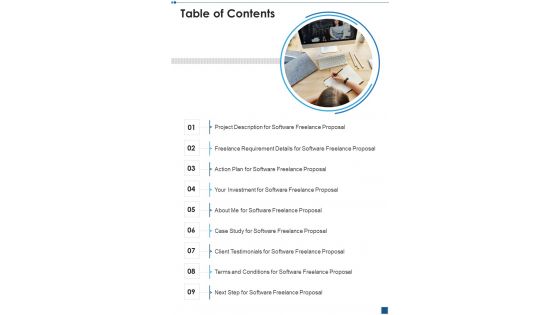 Table Of Contents Freelance Project Software Development Proposal One Pager Sample Example Document