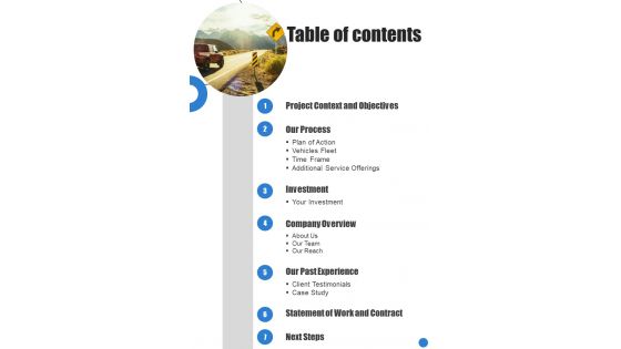 Table Of Contents Freight Carriers Business Proposal One Pager Sample Example Document Table Of Contents Freight Carriers Business Proposal One Pager Sample Example Document