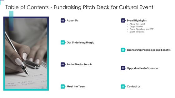 Table Of Contents Fundraising Pitch Deck For Cultural Event Template PDF Table Of Contents Fundraising Pitch Deck For Cultural Event Template PDF