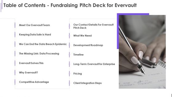 Table Of Contents Fundraising Pitch Deck For Evervault Ppt Infographic Template Graphic Tips PDF