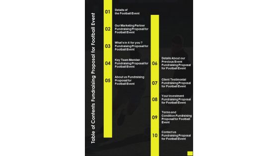 Table Of Contents Fundraising Proposal For Football Event One Pager Sample Example Document