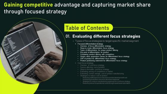 Table Of Contents Gaining Competitive Advantage Capturing Market Share Through Focused Strategy Slide Pictures PDF