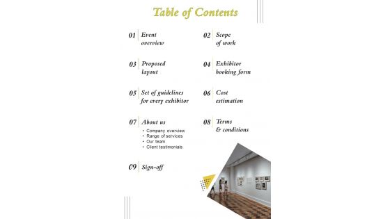 Table Of Contents Gallery Exhibition Proposal One Pager Sample Example Document