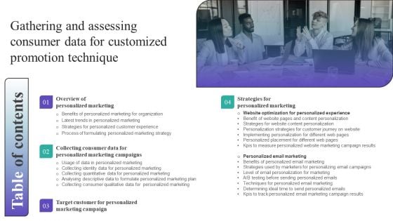 Table Of Contents Gathering And Assessing Consumer Data For Customized Promotion Technique Portrait PDF Table Of Contents Gathering And Assessing Consumer Data For Customized Promotion Technique Portrait PDF