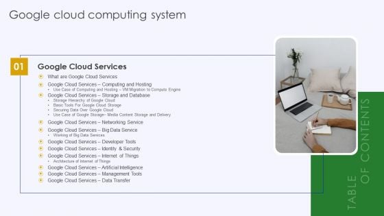 Table Of Contents Google Cloud Computing System Slide Sample PDF