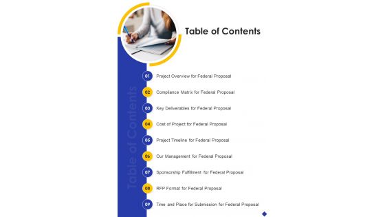 Table Of Contents Government Federal Proposal One Pager Sample Example Document Table Of Contents Government Federal Proposal One Pager Sample Example Document
