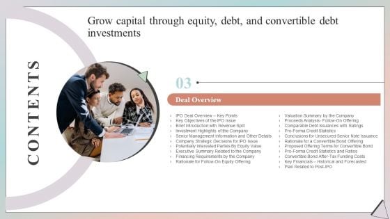 Table Of Contents Grow Capital Through Equity Debt And Convertible Debt Investments Slide Diagrams PDF