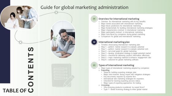 Table Of Contents Guide For Global Marketing Administration Professional PDF