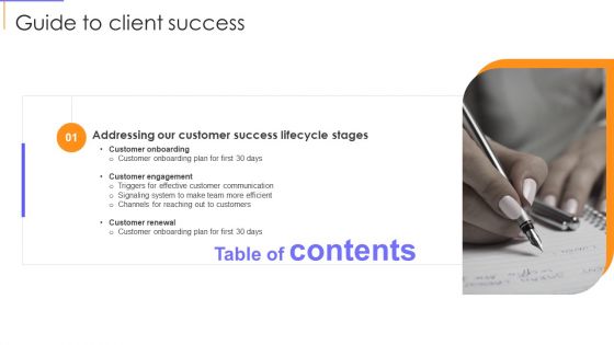 Table Of Contents Guide To Client Success Customer Infographics PDF Table Of Contents Guide To Client Success Customer Infographics PDF