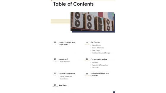 Table Of Contents HVAC Unit Procurement Proposal For Manufacturing One Pager Sample Example Document