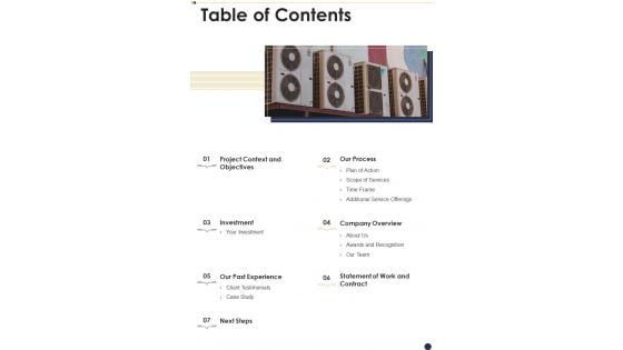 Table Of Contents HVAC Unit Procurement Proposal For Manufacturing One Pager Sample Example Document Table Of Contents HVAC Unit Procurement Proposal For Manufacturing One Pager Sample Example Document