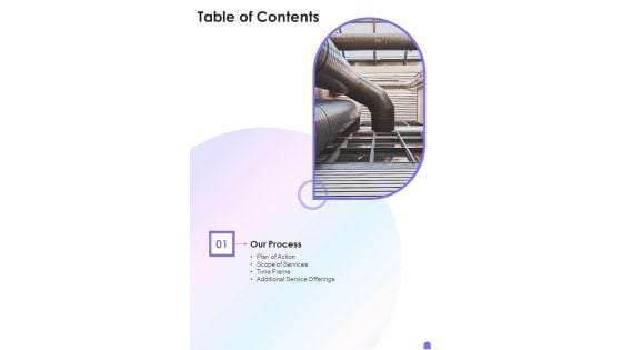Table Of Contents HVAC Unit Purchase And Installation Proposal One Pager Sample Example Document Table Of Contents HVAC Unit Purchase And Installation Proposal One Pager Sample Example Document
