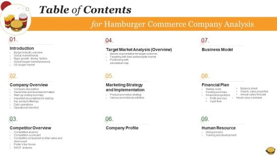 Table Of Contents Hamburger Commerce Company Analysis Template PDF