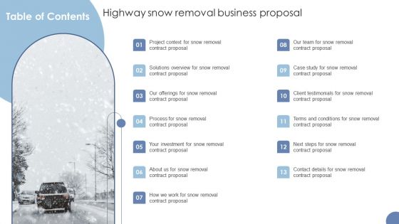 Table Of Contents Highway Snow Removal Business Proposal Ppt Icon Graphics Example PDF