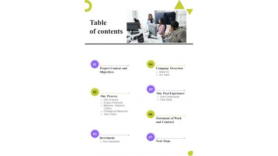 Table Of Contents Hiring Influencers For Advertisement Proposal One Pager Sample Example Document Table Of Contents Hiring Influencers For Advertisement Proposal One Pager Sample Example Document