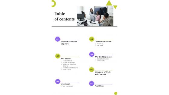 Table Of Contents Hiring Influencers For Advertisement Proposal One Pager Sample Example Document