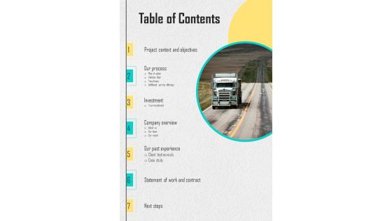 Table Of Contents Hiring Proposal For Business Transportation Service One Pager Sample Example Document Table Of Contents Hiring Proposal For Business Transportation Service One Pager Sample Example Document