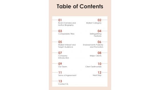 Table Of Contents Historical Fiction Book Proposal One Pager Sample Example Document
