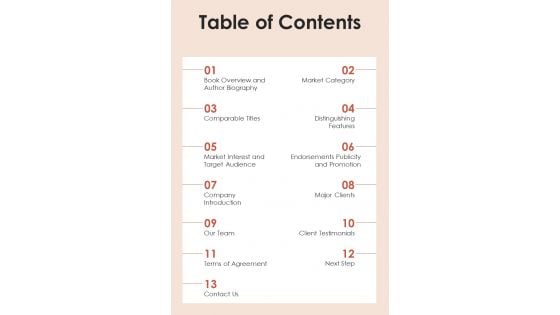 Table Of Contents Historical Fiction Book Proposal One Pager Sample Example Document