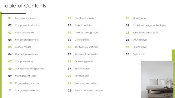 Table Of Contents Home Interior Styling Services Company Profile Pictures PDF