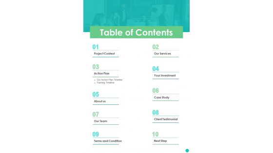 Table Of Contents House Safety Gadget Installment Proposal One Pager Sample Example Document Table Of Contents House Safety Gadget Installment Proposal One Pager Sample Example Document