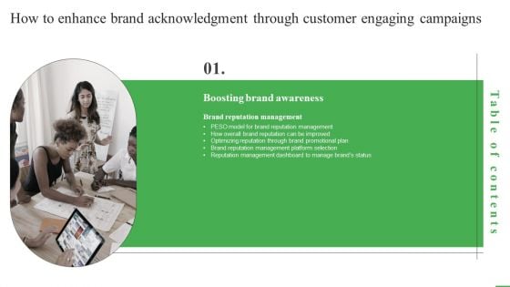 Table Of Contents How To Enhance Brand Acknowledgment Through Customer Engaging Themes PDF