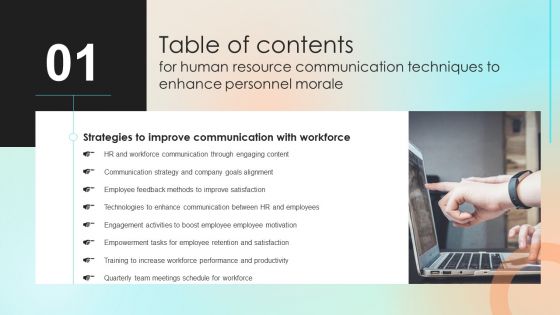 Table Of Contents Human Resource Communication Techniques To Enhance Personnel Morale Goals Icons PDF