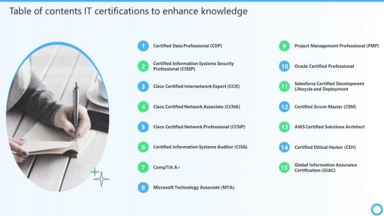 Table Of Contents IT Certifications To Enhance Knowledge Information PDF