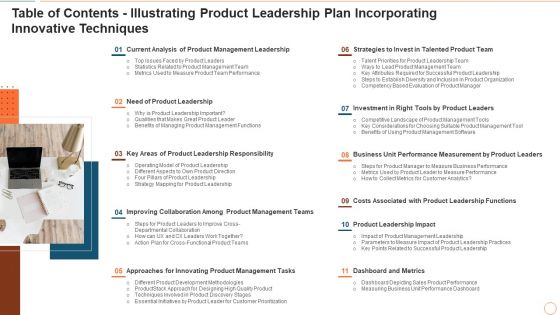 Table Of Contents Illustrating Product Leadership Plan Incorporating Innovative Techniques Information PDF Table Of Contents Illustrating Product Leadership Plan Incorporating Innovative Techniques Information PDF