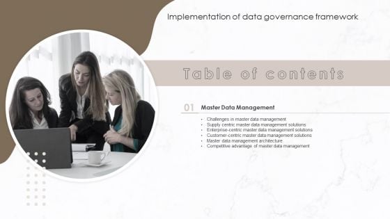 Table Of Contents Implementation Of Data Governance Framework Slide Summary PDF