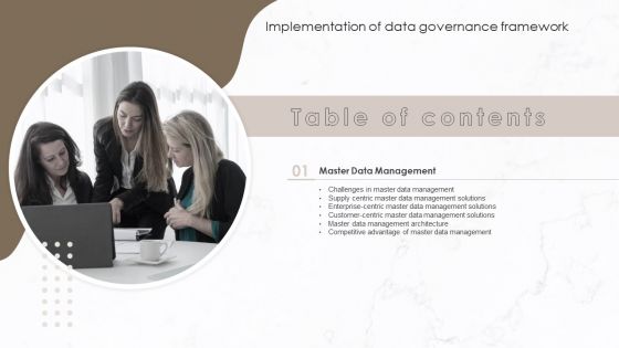 Table Of Contents Implementation Of Data Governance Framework Slide Summary PDF Table Of Contents Implementation Of Data Governance Framework Slide Summary PDF