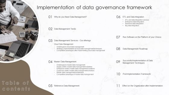 Table Of Contents Implementation Of Data Governance Framework Template PDF