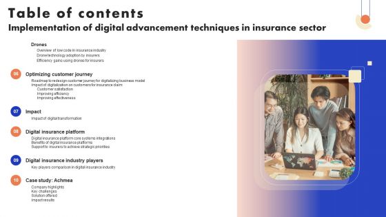 Table Of Contents Implementation Of Digital Advancement Techniques In Insurance Sector Demonstration PDF