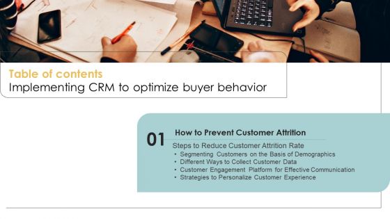 Table Of Contents Implementing CRM To Optimize Buyer Behavior Brochure PDF Table Of Contents Implementing CRM To Optimize Buyer Behavior Brochure PDF