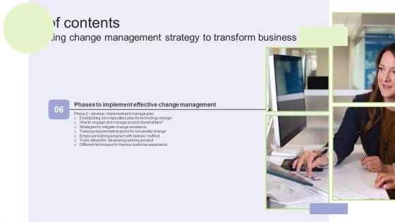 Table Of Contents Implementing Change Management Strategy To Transform Business Processes Themes PDF