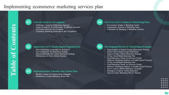 Table Of Contents Implementing Ecommerce Marketing Services Plan Background PDF