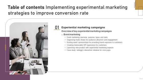 Table Of Contents Implementing Experimental Marketing Strategies To Improve Conversion Rate Slide Themes PDF