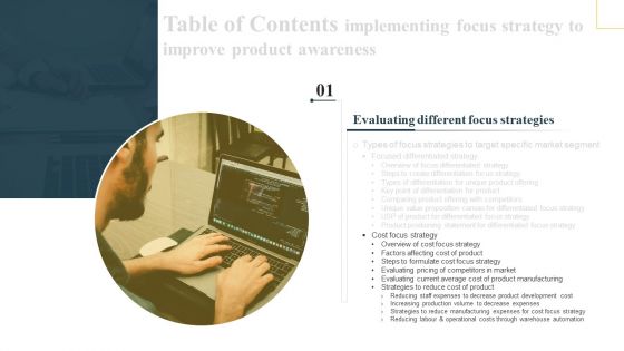 Table Of Contents Implementing Focus Strategy To Improve Product Awareness Slide Portrait PDF