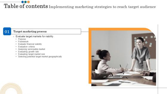 Table Of Contents Implementing Marketing Strategies To Reach Target Audiences Graphics PDF