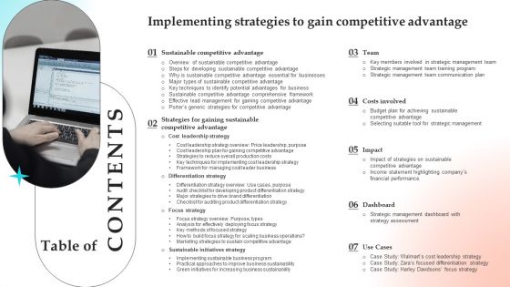 Table Of Contents Implementing Strategies To Gain Competitive Advantage Diagrams PDF