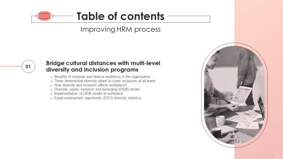 Table Of Contents Improving Hrm Process Ppt PowerPoint Presentation File Example PDF