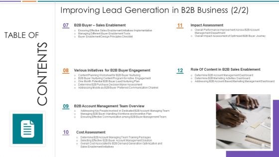 Table Of Contents Improving Lead Generation In B2B Business Demonstration PDF Table Of Contents Improving Lead Generation In B2B Business Demonstration PDF