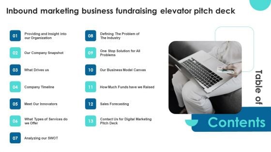 Table Of Contents Inbound Marketing Business Fundraising Elevator Icons PDF