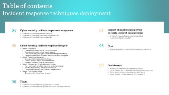 Table Of Contents Incident Response Techniques Deployment Graphics PDF